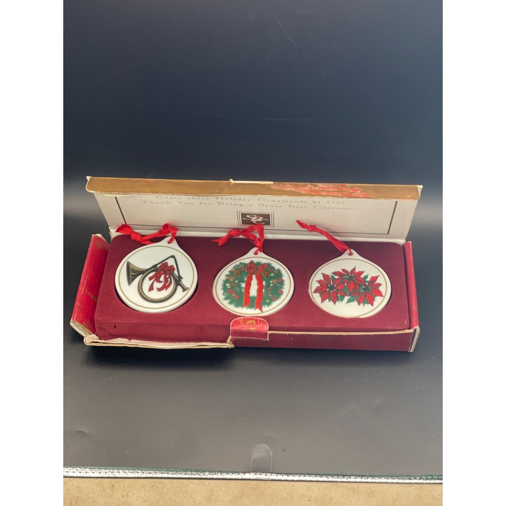Sears‎ SRC Vintage Ceramic Christmas Ornaments Set 3 Wreath Horn Poinsettia Good